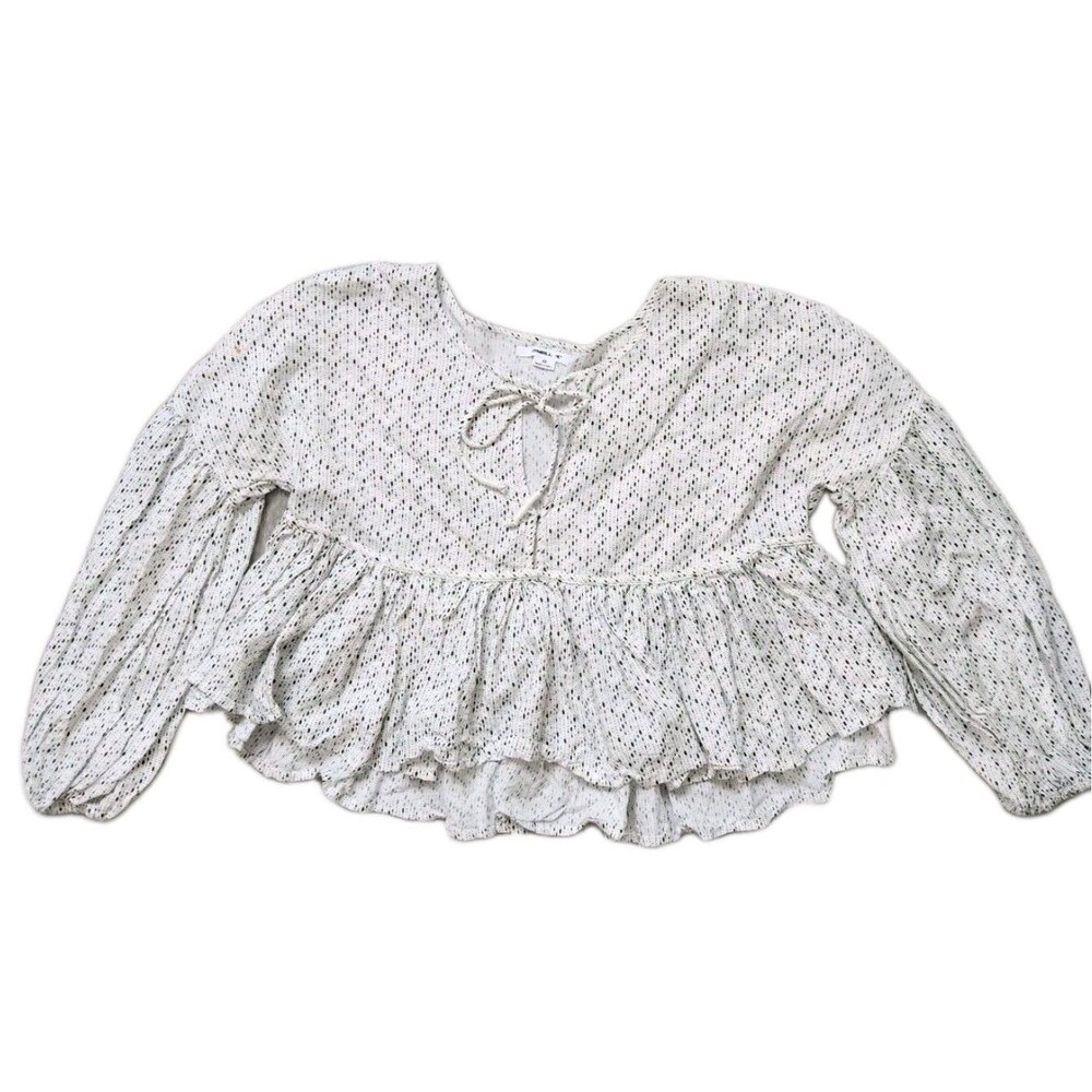 O'Neill Bell Sleeve Blouse White Black Polka Dot Tie Front Boho Peasant Sz M EUC
